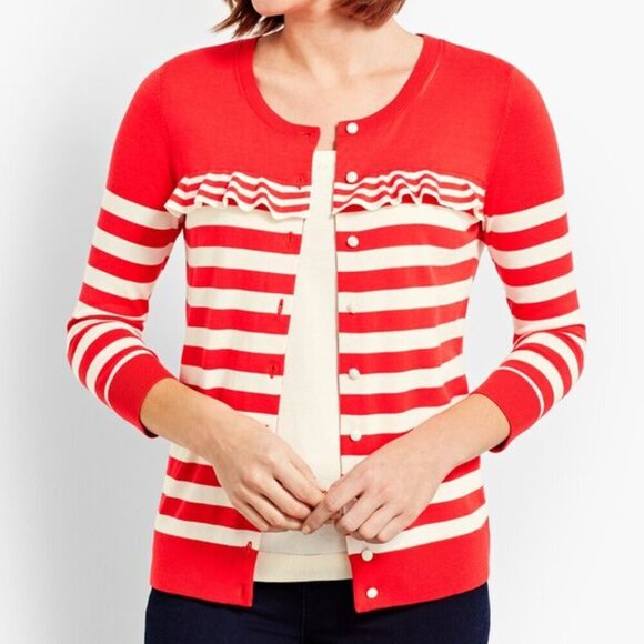 Talbots Charming Cardigan Stripe Ruffle Red White 3XP - Picture 1 of 12